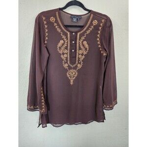 Y2K ninety Womens Tunic Top M Brown Sheer Floral Embroidered Boho Peasant